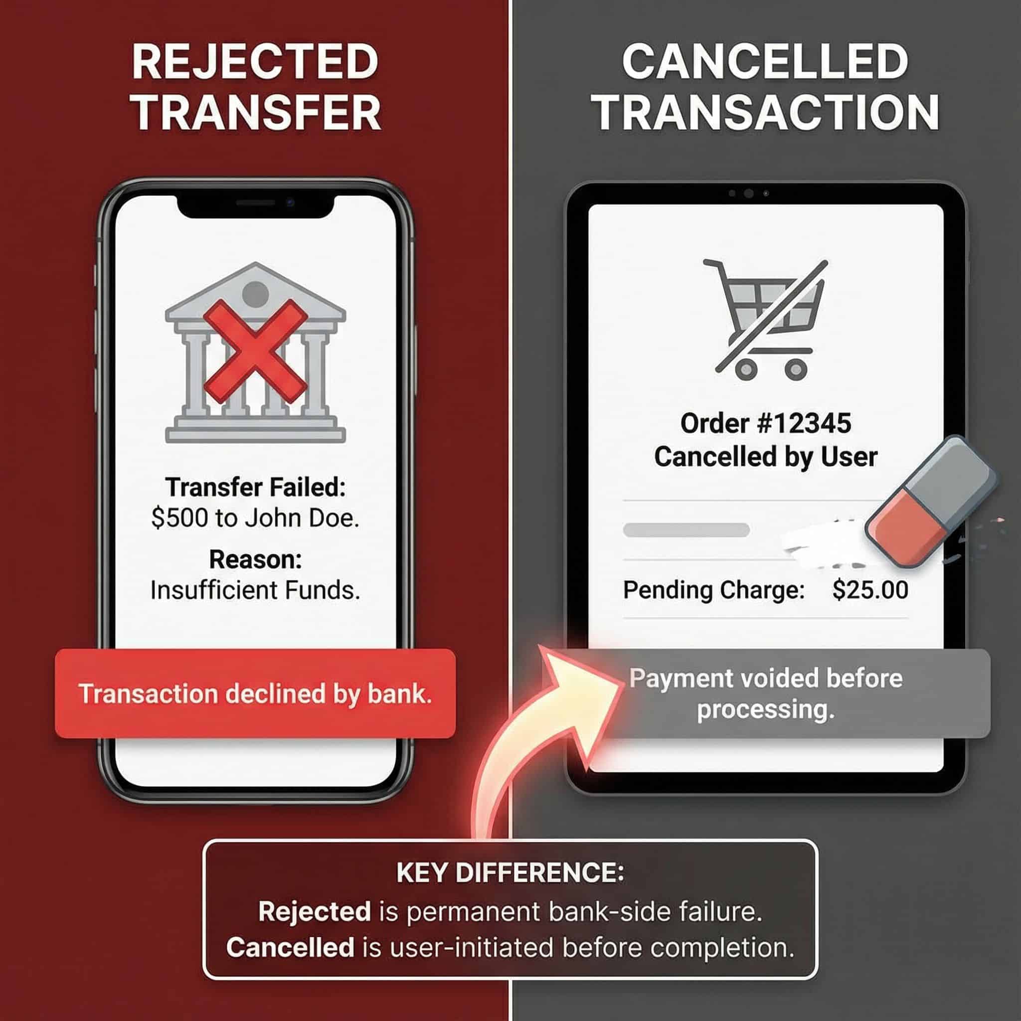 화면이 양분되어 왼쪽에는 송금 거절을 빨간 X로, 오른쪽에는 거래 취소가 지워지는 모습을 대조적으로 보여주는 이미지입니다.