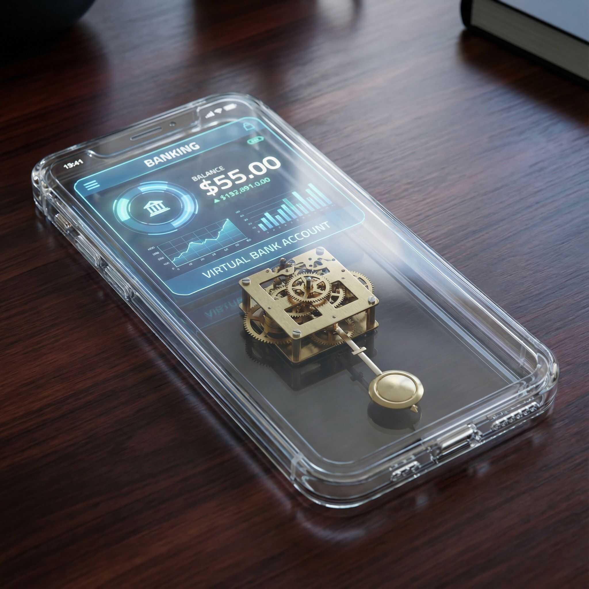 투명한 스마트폰 화면 속 가상 계좌 인터페이스에 숨겨진 시계가 째깍거리는 모습이다.