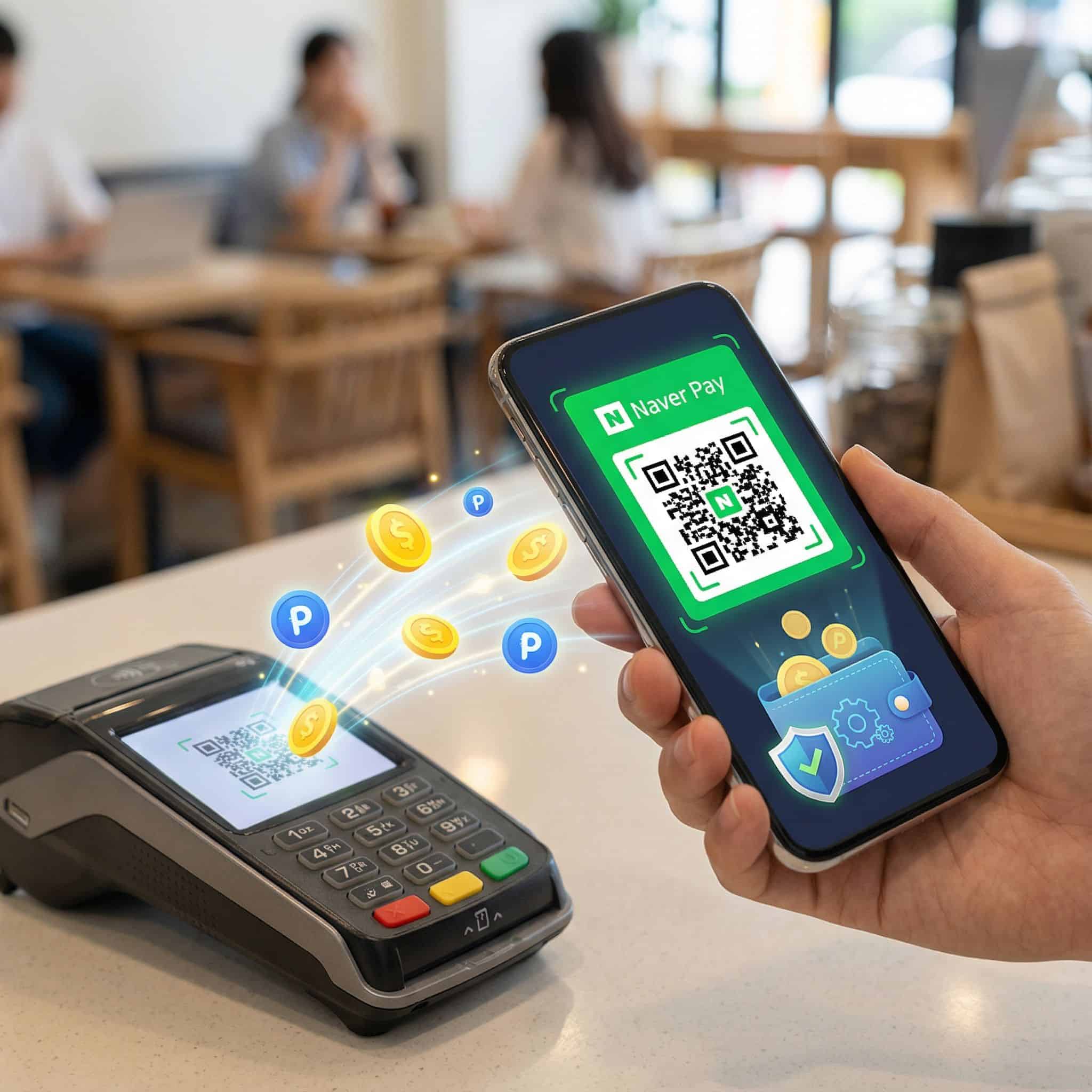 스마트폰으로 네이버 페이 QR 코드를 스캔하자 생동감 있는 포인트와 동전이 화려하게 흘러가며 디지털 지갑으로 모이는 모습이다.