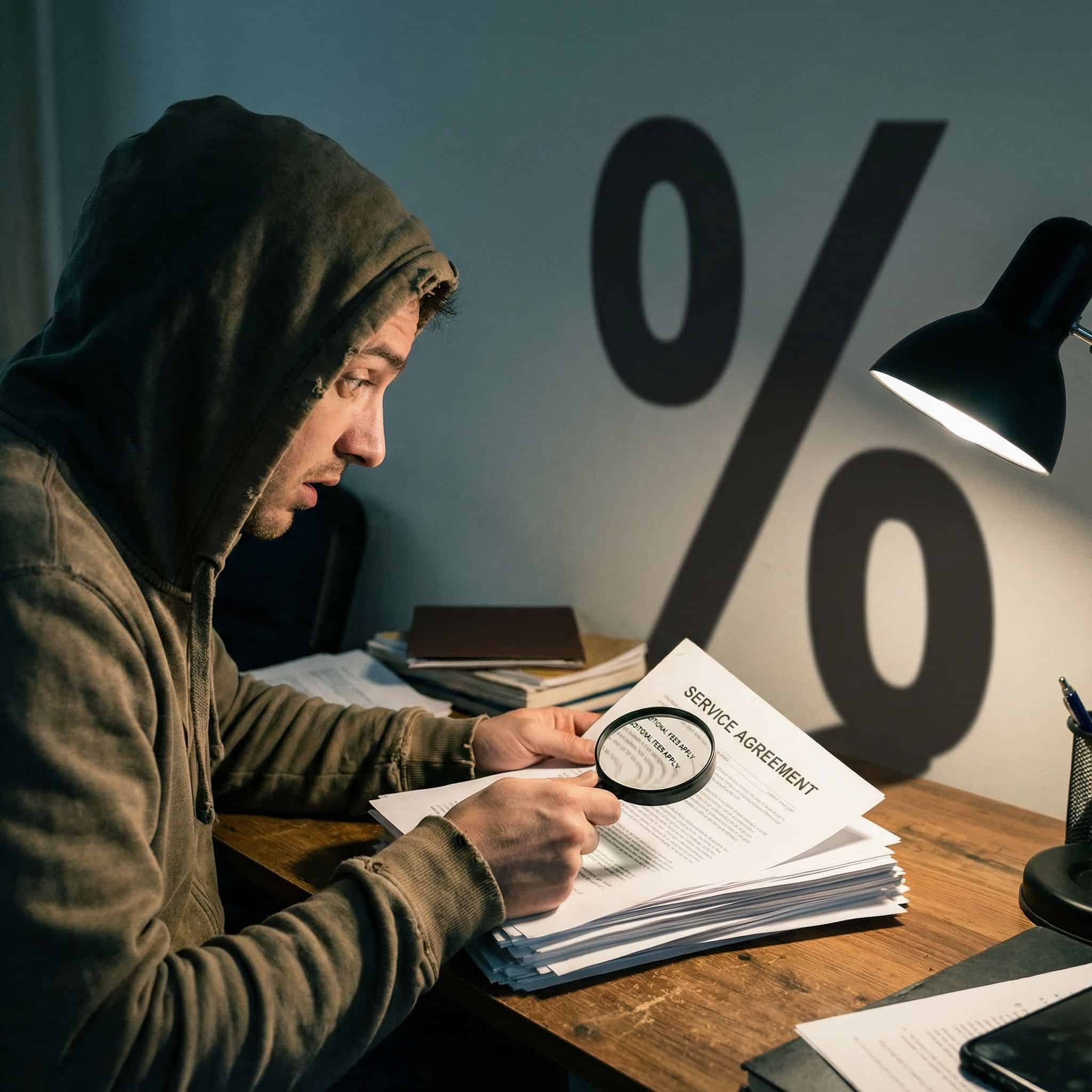 커다란 퍼센트 기호가 어두운 그림자를 드리운 계약서를 당황한 소비자가 바라보는 모습이다.